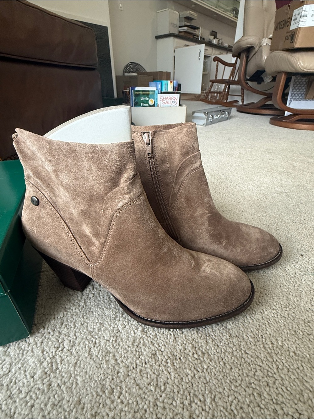 Paul Green Taupe Suede Ankle Booties with Stacked Heel